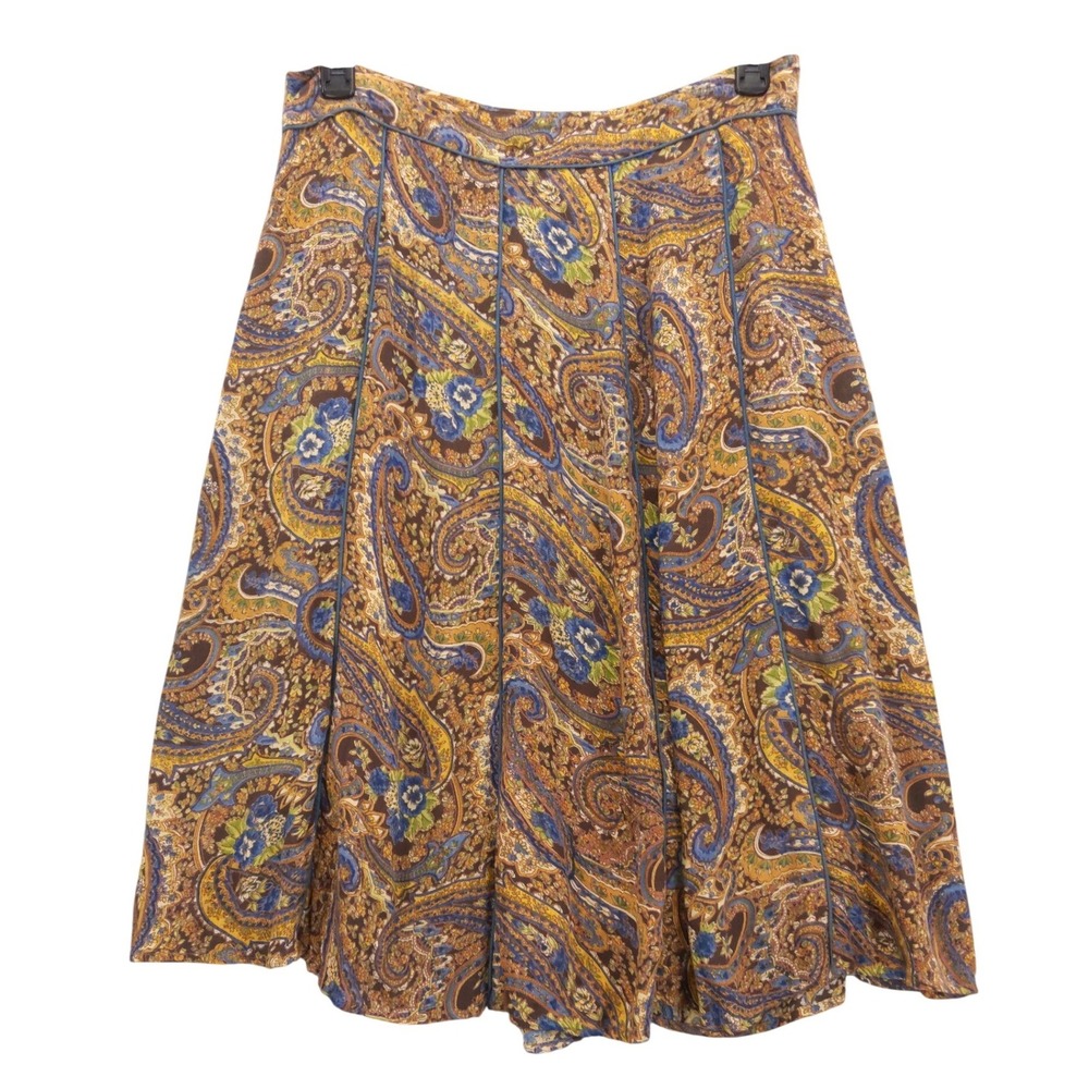 vtg‎ April Cornell Paisley A-Line Skirt Womens L Brown Blue Boho Rayon Lined